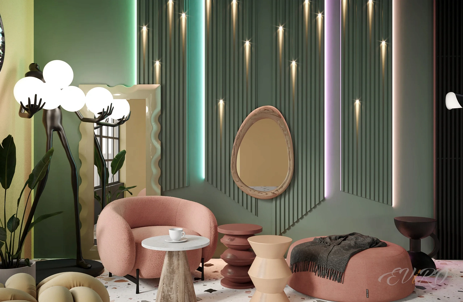 Вариант 5. Стеновые рейки с подсветкой в гостиной