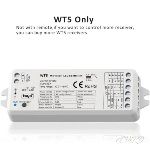Контроллер WI-Fi+RF 2.4G 5in1 управление приложением, 150-300W, 12-24V, 15А  (до 25 м.п. Led ленты 24V, 10W)